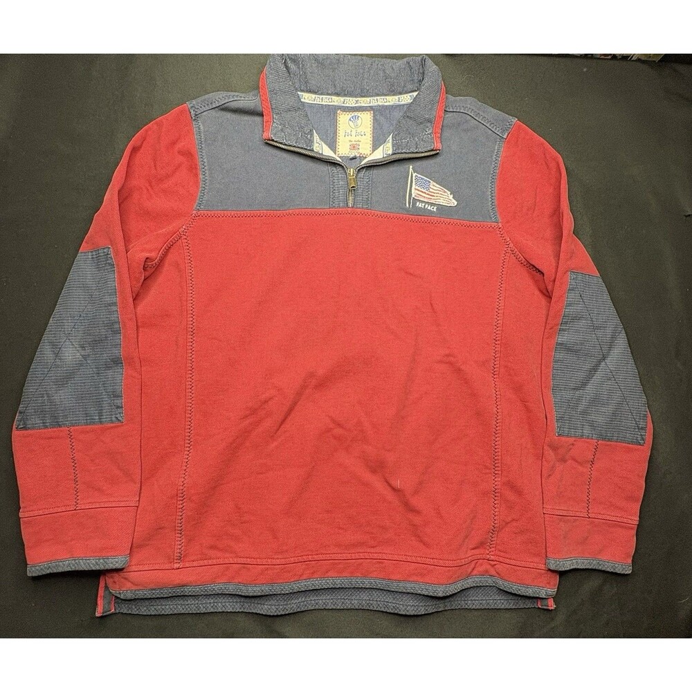 Fat Face Airlie Canvas 1/4 Zip Pullover Mens XL Red Blue Rugby Flag Elbow Patch